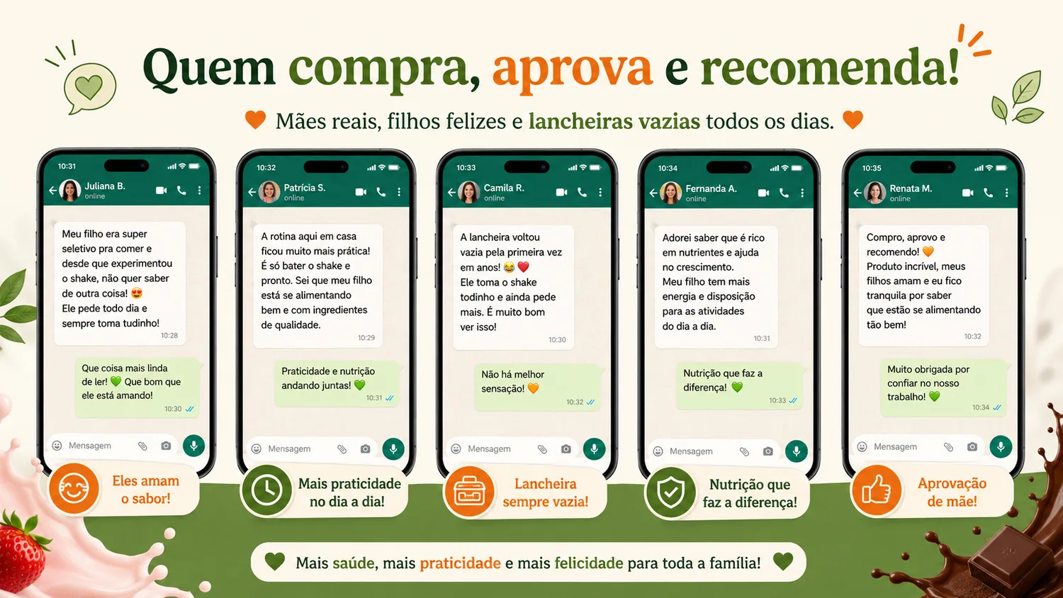 Mensagens de clientes no WhatsApp elogiando os shakes