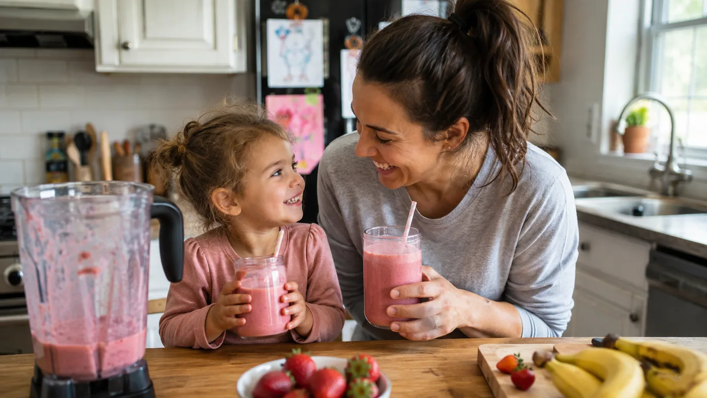 Mãe e filha sorrindo na cozinha, cada uma com um copo de shake de morango