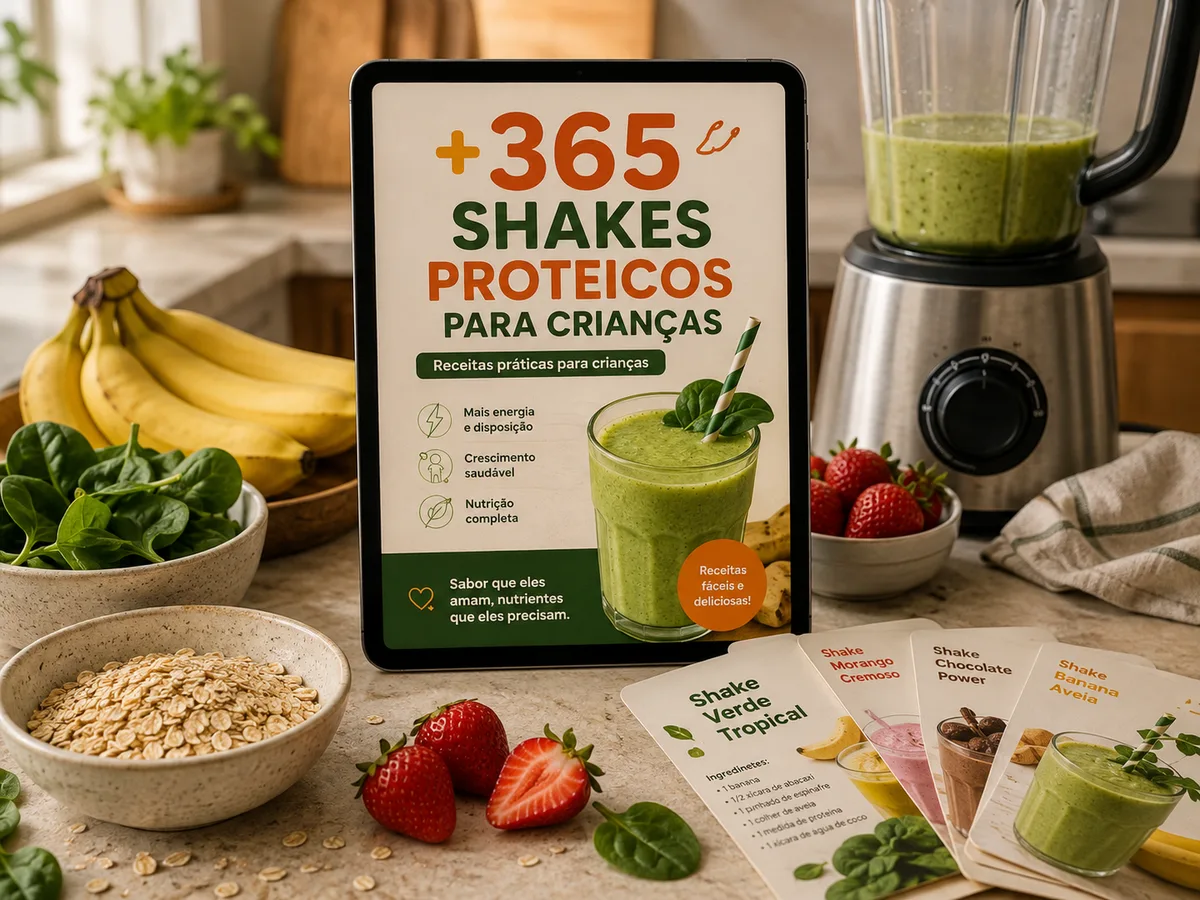 +365 Shakes Proteicos e Saudáveis aberto no tablet, com fichas de receitas ao lado